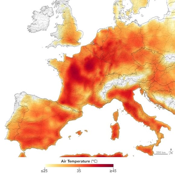 El 25 de julio de 2019 se reportaron valores de temperatura superiores a 40 grados Celsius en Europa. Fuente: NASA Earth Observatory.