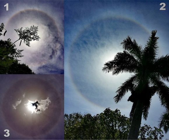 Los tres halos solares de junio observados desde La Habana: sábado 2 (1), martes 12 (2), sábado 16 (3). Fotos: Ernesto Javier Rodríguez Acosta.