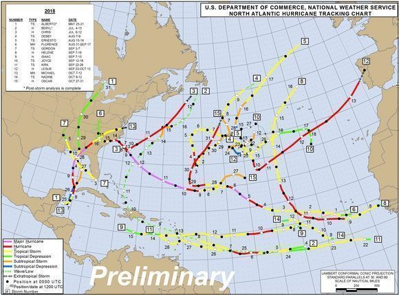 Trayectorias de los ciclones nombrados entre mayo y octubre/National Hurricane Center, NOAA.