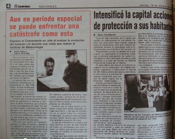 Cobertura del periódico Granma al huracán Lili (1996). Foto: Archivo de Danier Ernesto González.