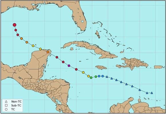 Trayectoria del ciclón Delta hasta las 06:00 UTC del 9 de octubre/Alex B.