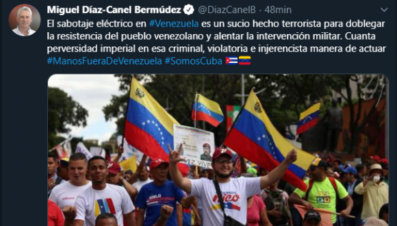 Díaz-Canel: El sabotaje eléctrico en Venezuela es un sucio hecho terrorista