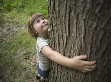 Niño abrazando un árbol