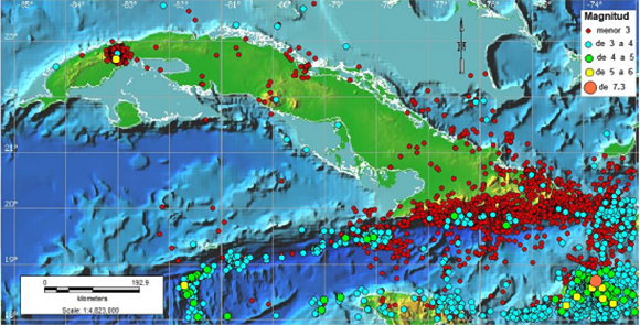 Mapa de epicentros de terremotos registrados en 2021 en el área de seguimiento de la sismicidad del Servicio Sismológico Nacional de Cuba. Imagen: SSNC.