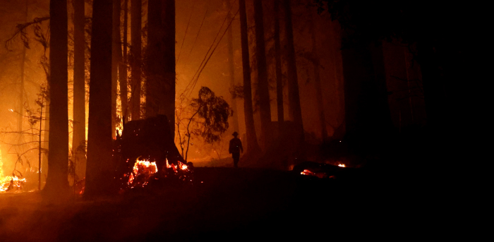 Según el Departamento de Bomberos de California, nueve de los 15 incendios más destructivos en la historia del estado acontecieron en los últimos cinco años, y seis de los 20 más grandes han tenido lugar en 2020. En la foto, un bombero camina por un sendero con el fuego a ambos lados en Boulder Creek, California, en agosto de 2020. Foto: Reuters.