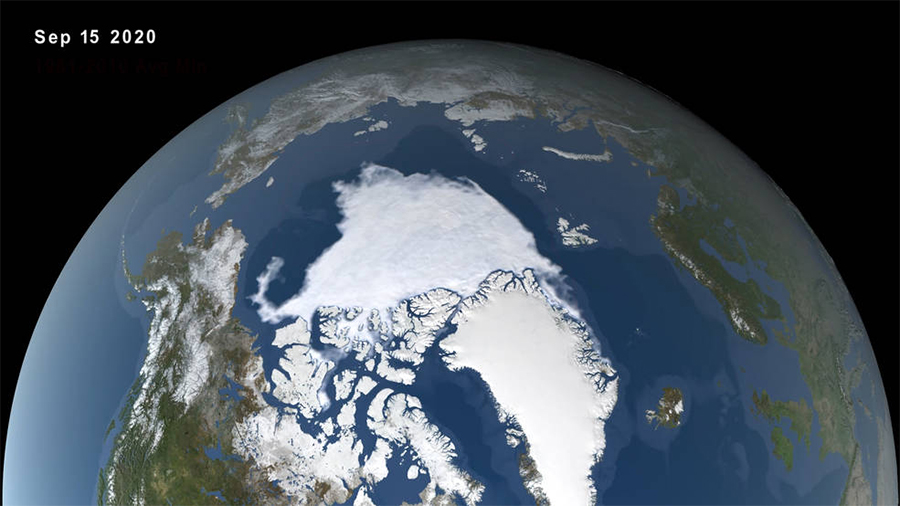 En el Océano Ártico, el hielo marino alcanzó su extensión mínima (3.74 millones de km2) el 15 de septiembre, según esta imagen satelital de la NASA. Luego de la captada en 2012, fue la segunda más baja extensión apreciada desde que comenzaron los registros a finales de la década de 1970. Foto: NASA.
