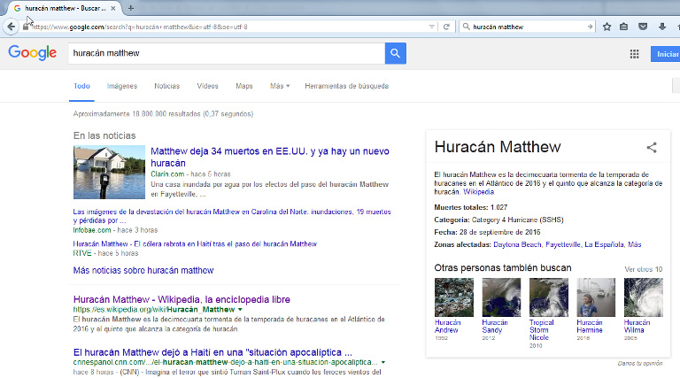 Impacto de noticias sobre huracán Mattew en Google