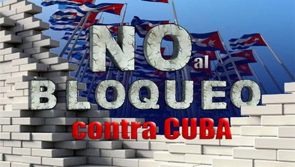 Banner alegórico al bloqueo contra Cuba