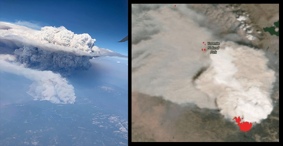 La NASA informó que una pirocumulonimbo (gigantesca tormenta de nubes, rayos y vientos generada por los fuegos), quizá la mayor en la historia de EE.UU., bloqueó la visibilidad de sus satélites sobre una parte de California el 6 de septiembre. Las columnas de humo de los incendios viajaron por todo el país y llegaron a Canadá y hasta Europa, según imágenes satelitales y el Servicio de Monitoreo Copernicus. A la izquierda, la enorme nube fotografiada desde un avión; a la derecha, en una imagen de la NASA.