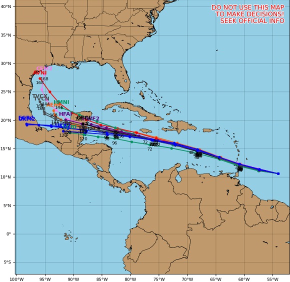 Hasta ahora hay consenso en las guías de trayectorias pronosticadas. Foto: NOAA.