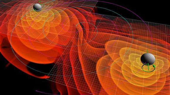 Simulaciones numéricas de las ondas gravitatorias emitidas por la fusión de dos agujeros negros. Imagen: NASA.