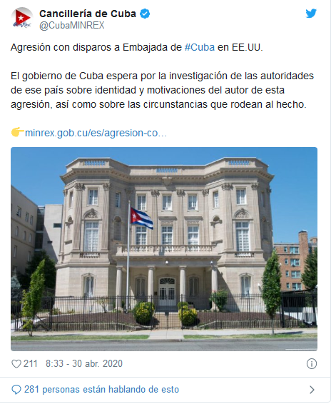 Cancillería de Cuba. Agresión con disparos a Embajada de #Cuba en EE.UU. 