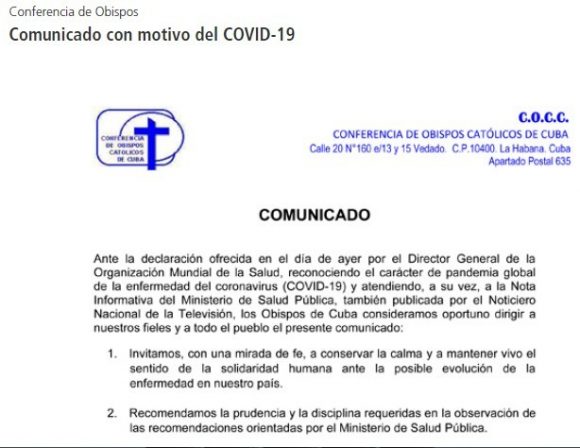 Conferencia de Obispos Católicos Cubanos emite comunicado ante presencia de la COVID-19