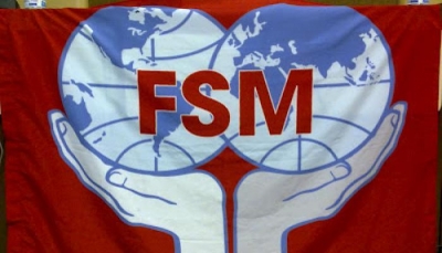 Banner alegórico al Fondo Monetario Internacional