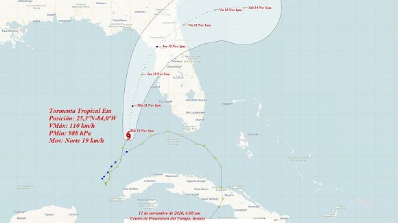 En las próximas horas Eta se mantendrá rumbo próximo al Norte, incrementando gradualmente su velocidad de traslación sobre el sudeste del golfo de México, donde puede ganar algo más en intensidad. Foto: Insmet