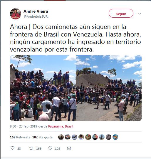 Corresponsal de Telesur, André Vieira, informó que hasta el momento ningún cargamento con supuesta ayuda humanitaria ha ingresado por la frontera venezolana con Brasil.