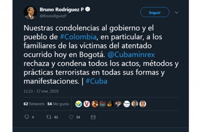 Canciller cubano, Bruno Rodríguez expresó las condolencias de Cuba al gobierno y pueblo colombianos por la explosión de un coche bomba en la Escuela de Cadetes General Santander.