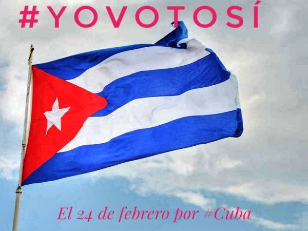 Bandera cubana y etiqueta alegórica a la votación por la Constitución 