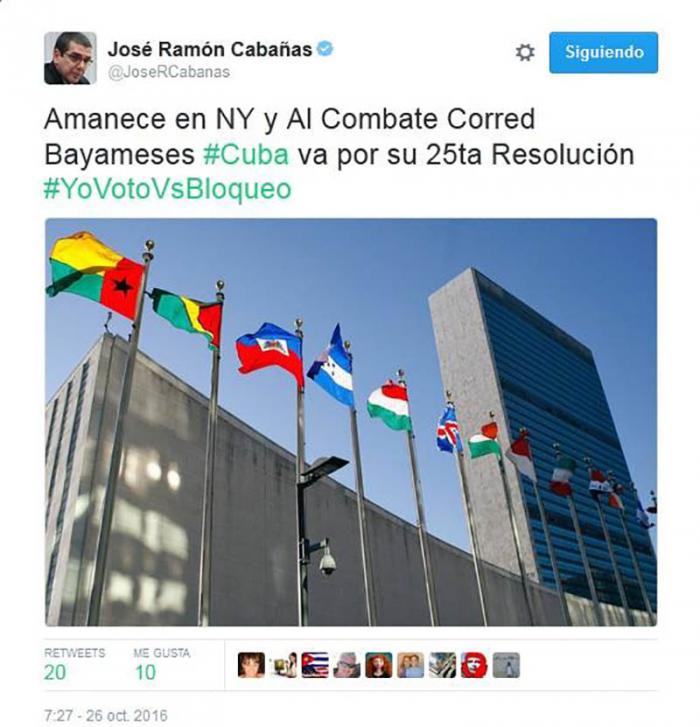 Embajador de Cuba en Estados Unidos, José Ramón Cabañas, anuncia desde su cuenta en Twitter que muy pronto comenzará el debate en la ONU