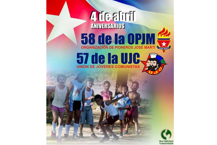 Banner alegórico al aniversario 57 de la Unión de Jóvenes Comunistas (UJC)  y 58 cumpleaños de la Organización de Pioneros José Martí (OPJM).