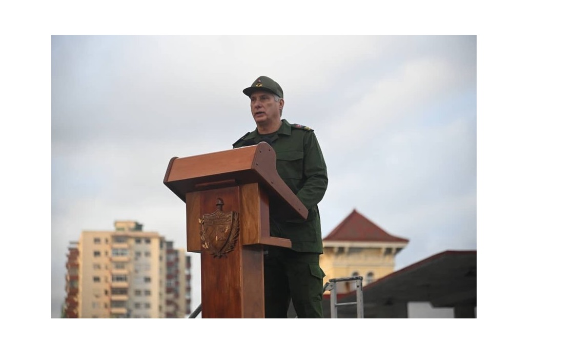 Miguel Díaz Canel durane su discurso en el acto de Homenaje Póstumo a los 32 combatientes caídos en combate en Venezuela, en la Tribuna Antimperialista